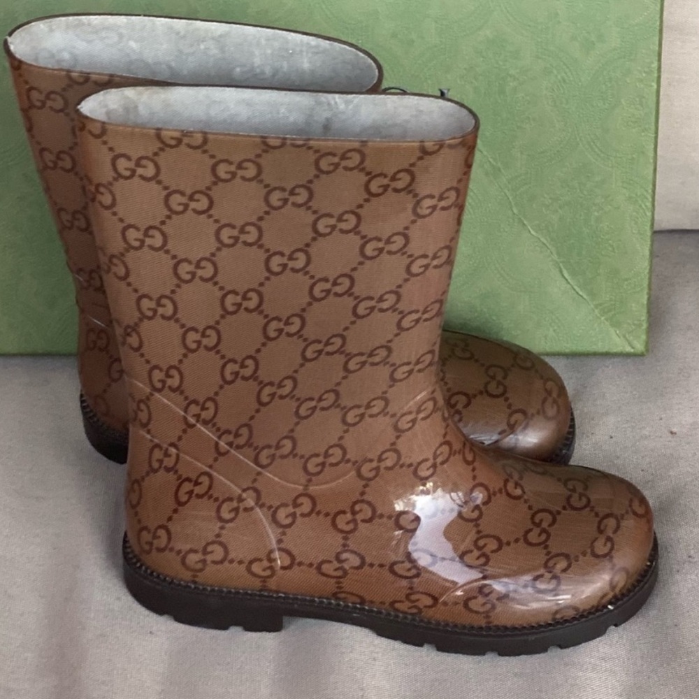Authentic GUCCI Kids Rain Boot w/Signature Brown & Khaki GG Guccissima Monogram